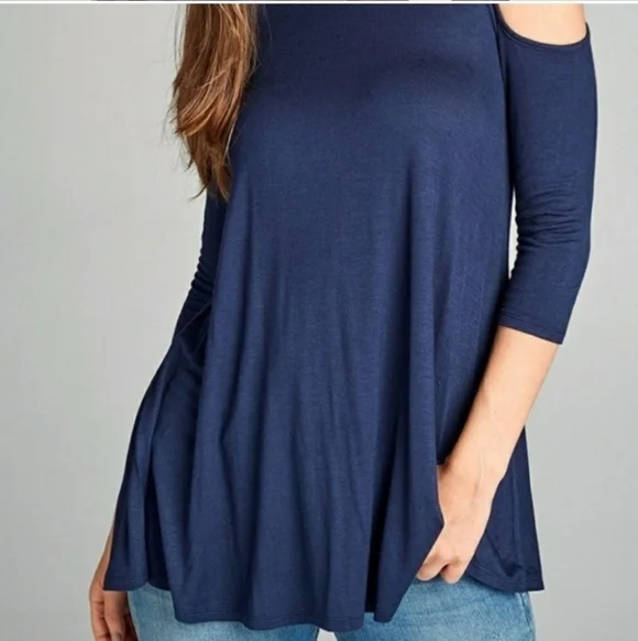 Navy Blue Cold Shoulder Top - Picture 2 of 2